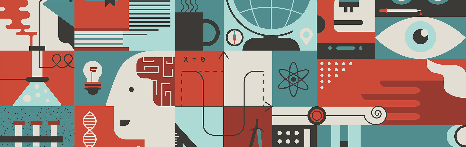 Mosaik aus Icons mit Referenz zu Forschung und Wissenschaft (Reagenzglas, Auge, Brenner, Glühbirne etc.).